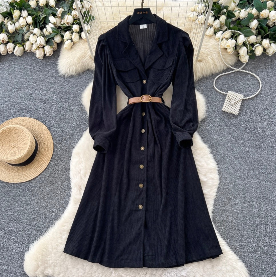 Vintage Single-breasted Black Shirt Dress