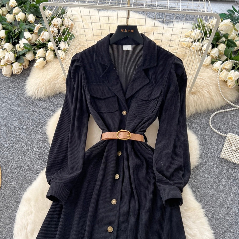 Vintage Single-breasted Black Shirt Dress
