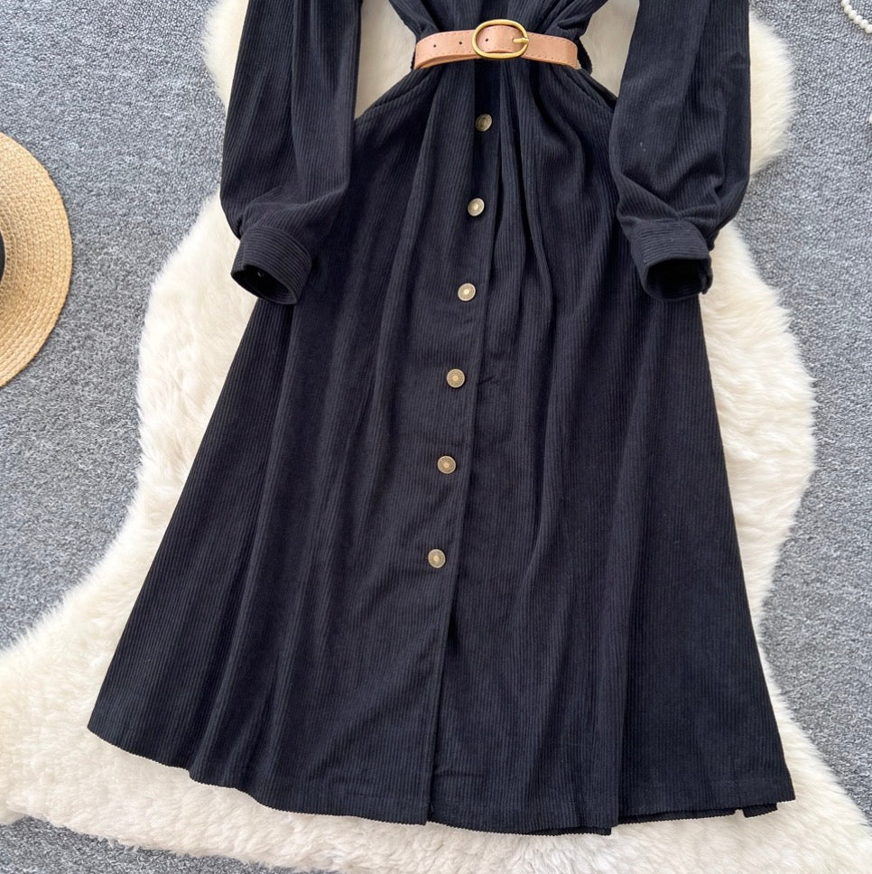Vintage Single-breasted Black Shirt Dress