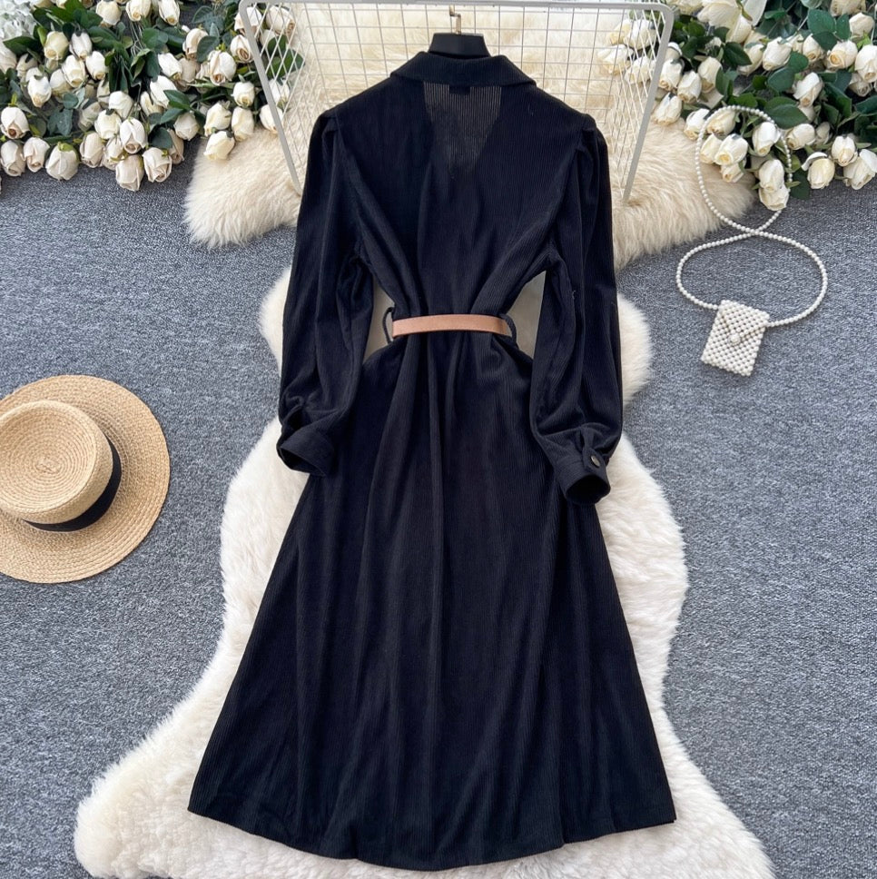 Vintage Single-breasted Black Shirt Dress