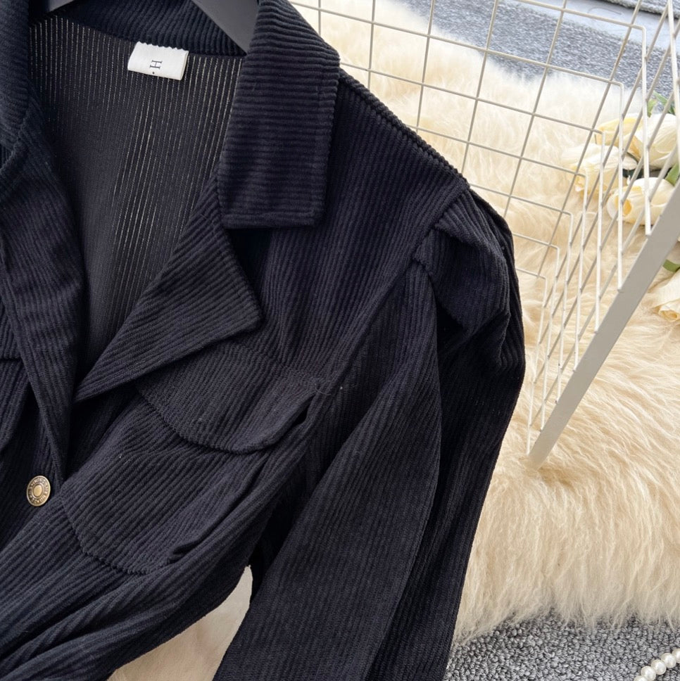 Vintage Single-breasted Black Shirt Dress