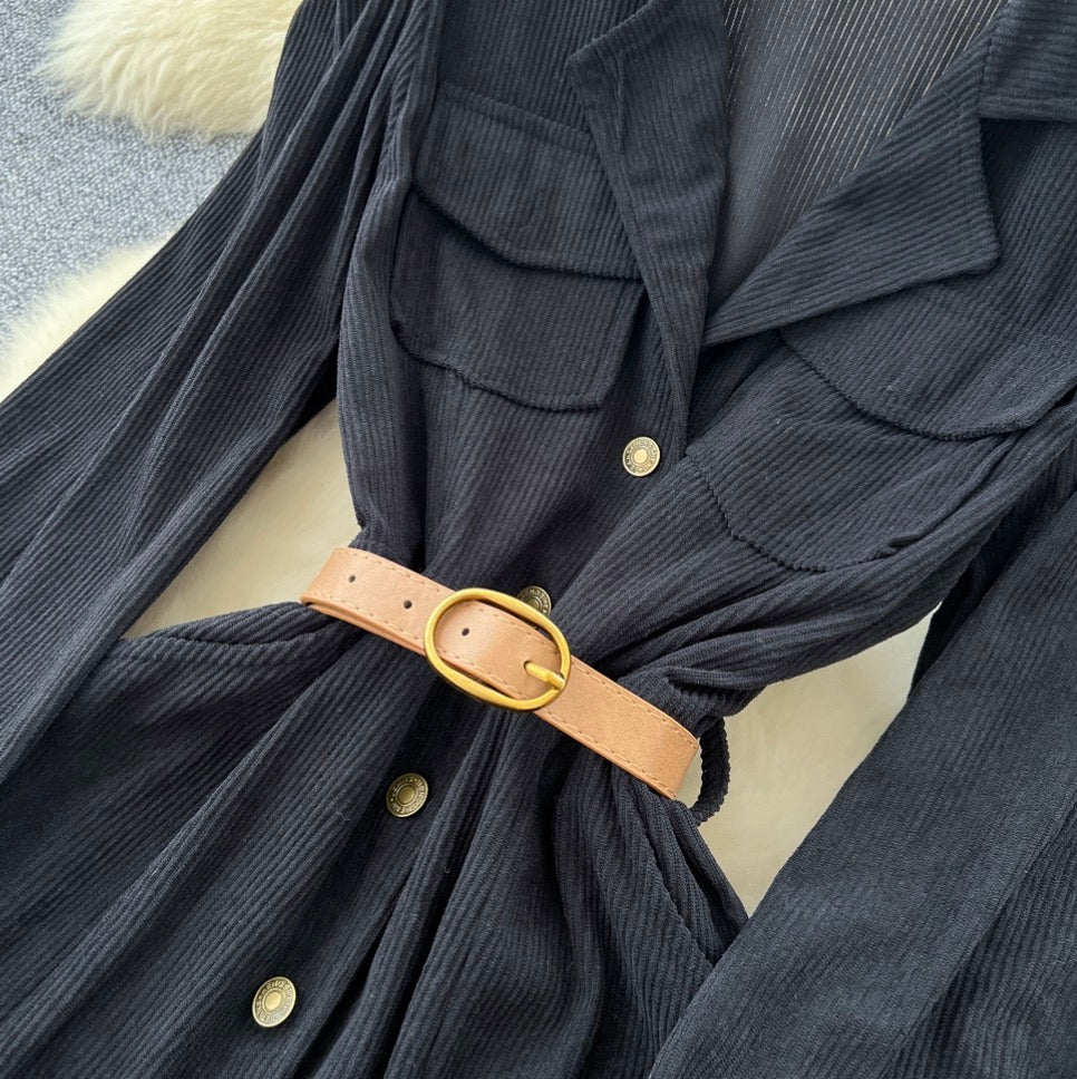 Vintage Single-breasted Black Shirt Dress
