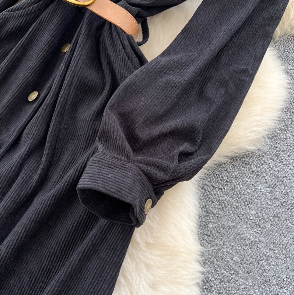 Vintage Single-breasted Black Shirt Dress