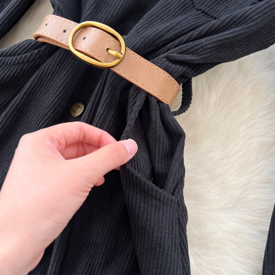 Vintage Single-breasted Black Shirt Dress