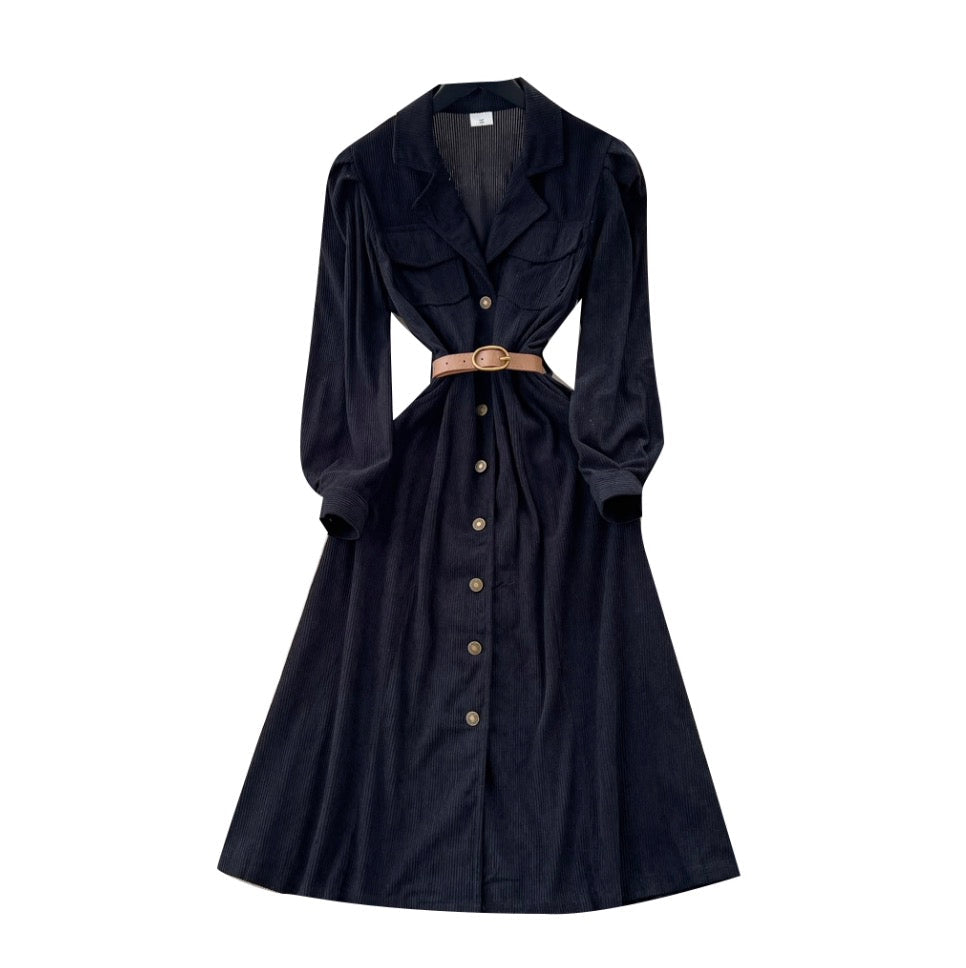 Vintage Single-breasted Black Shirt Dress