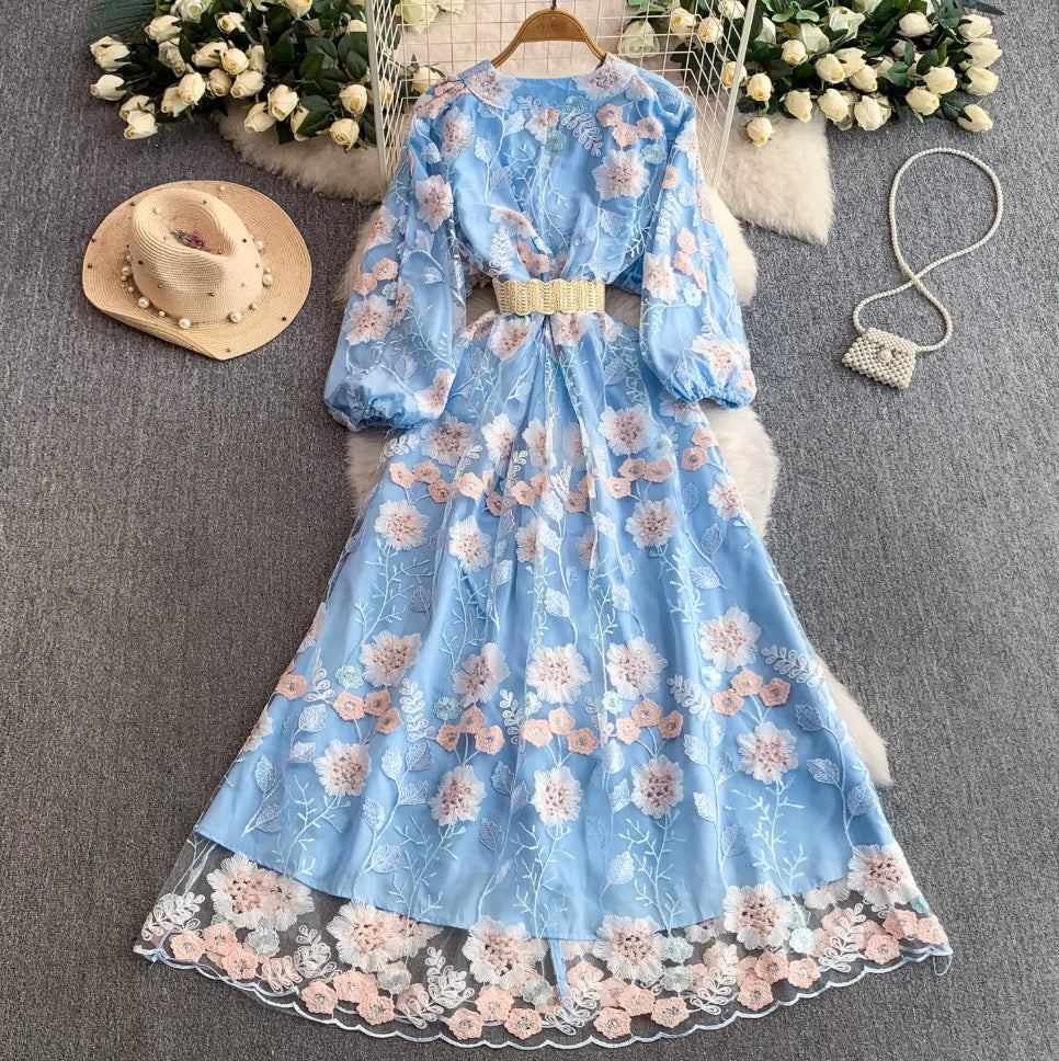 V-neck Floral Print Blue Dress