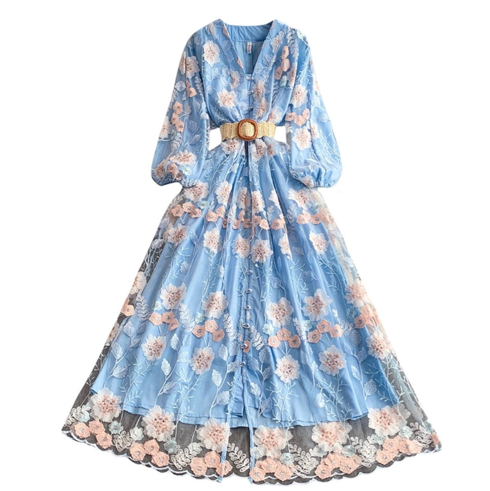 V-neck Floral Print Blue Dress