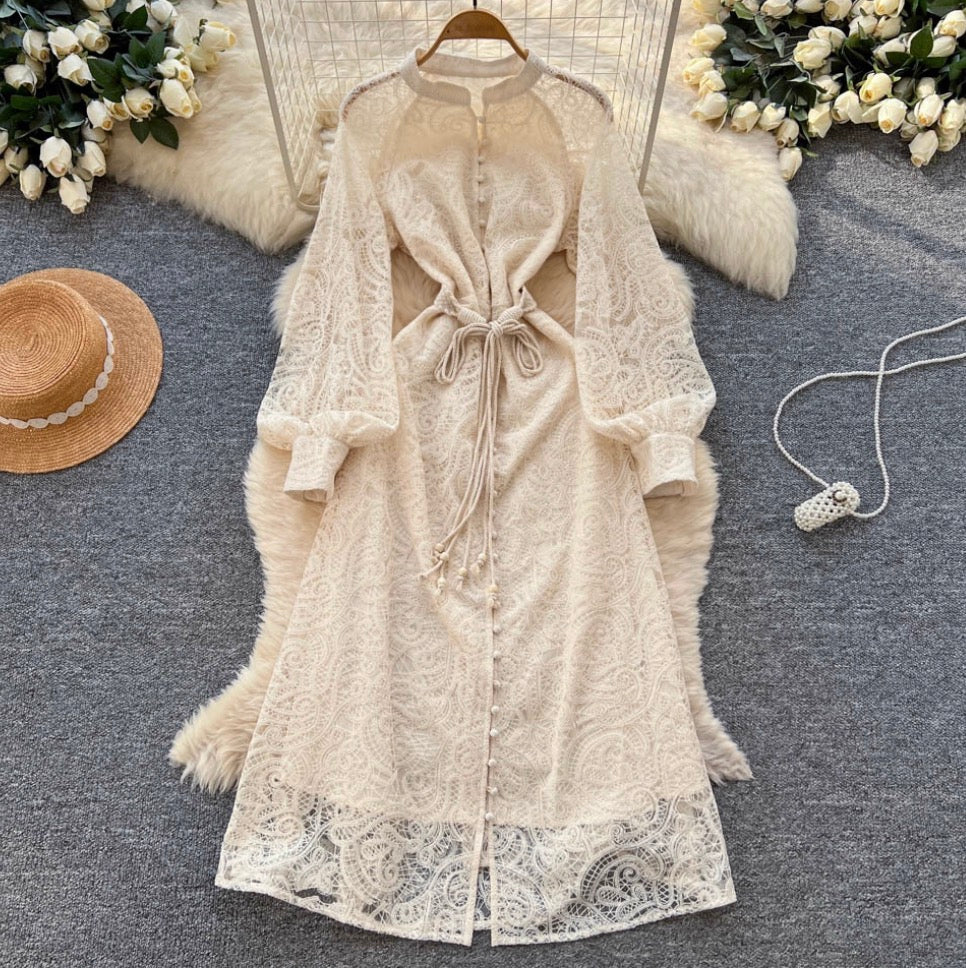 Courtly Apricot Hollowed Embroidery Dress