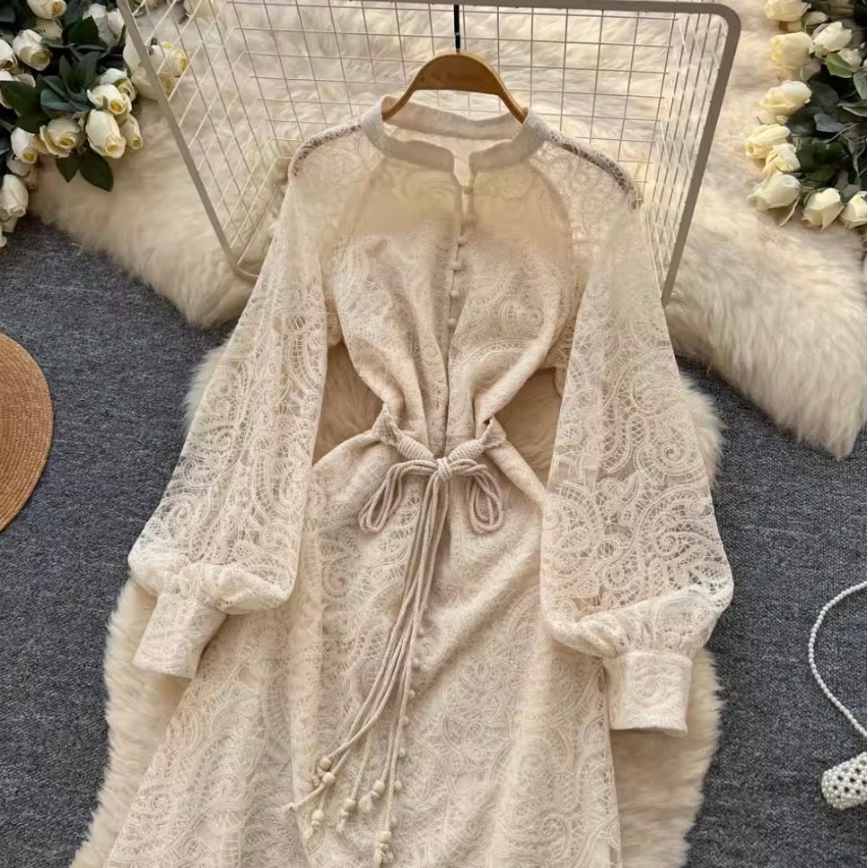 Courtly Apricot Hollowed Embroidery Dress
