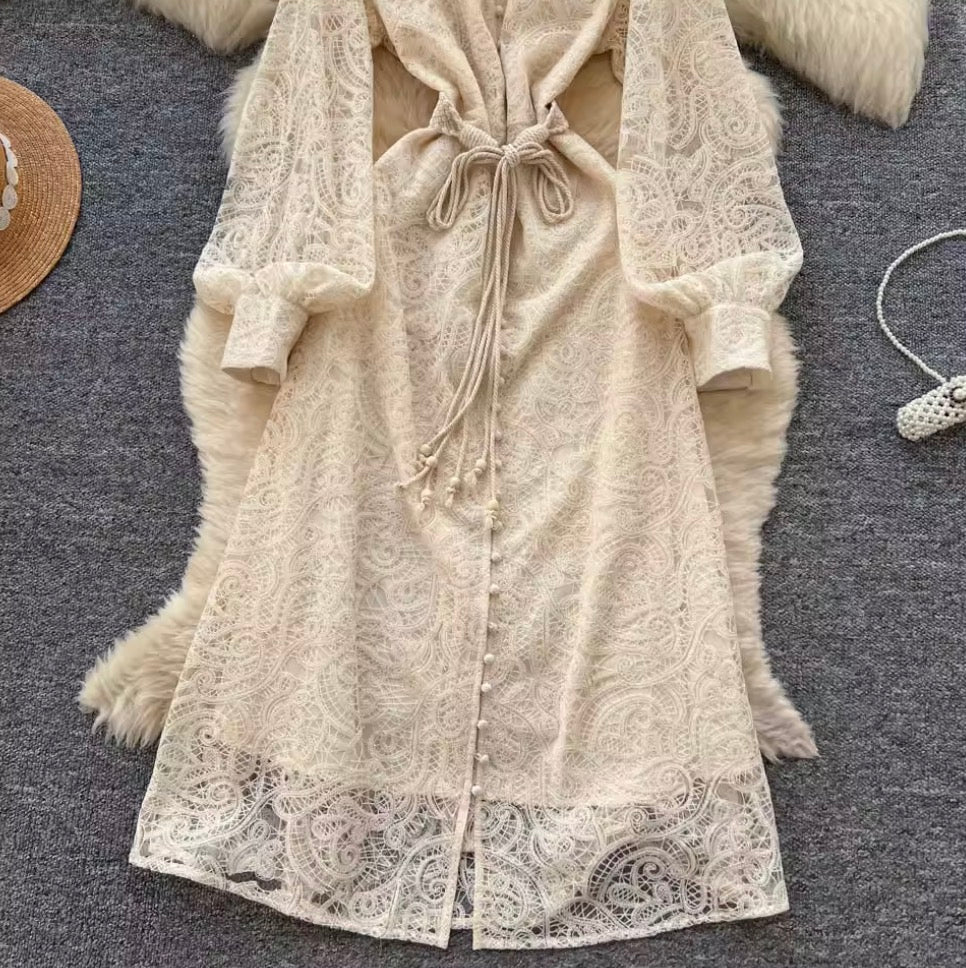 Courtly Apricot Hollowed Embroidery Dress