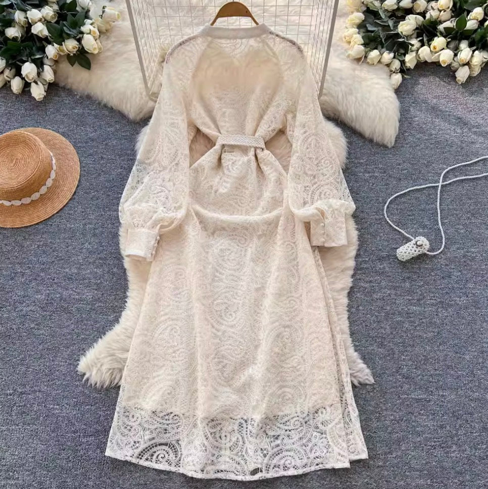 Courtly Apricot Hollowed Embroidery Dress