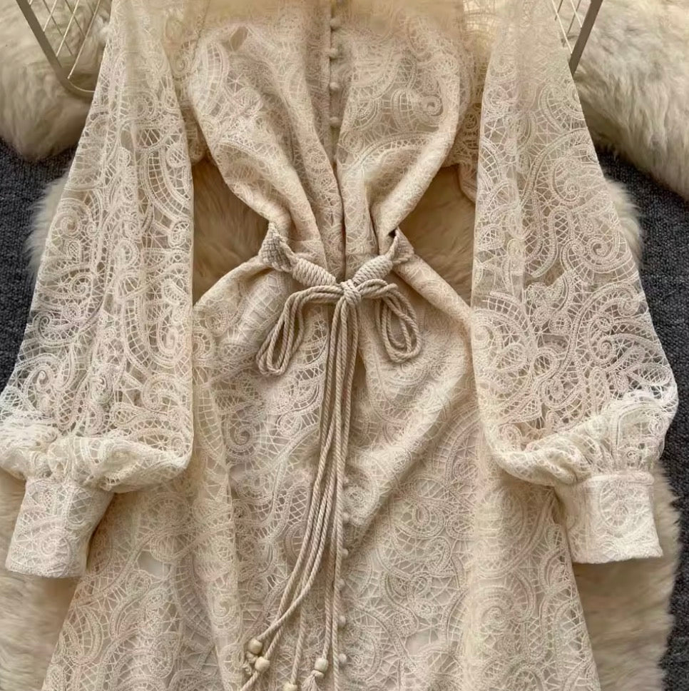 Courtly Apricot Hollowed Embroidery Dress