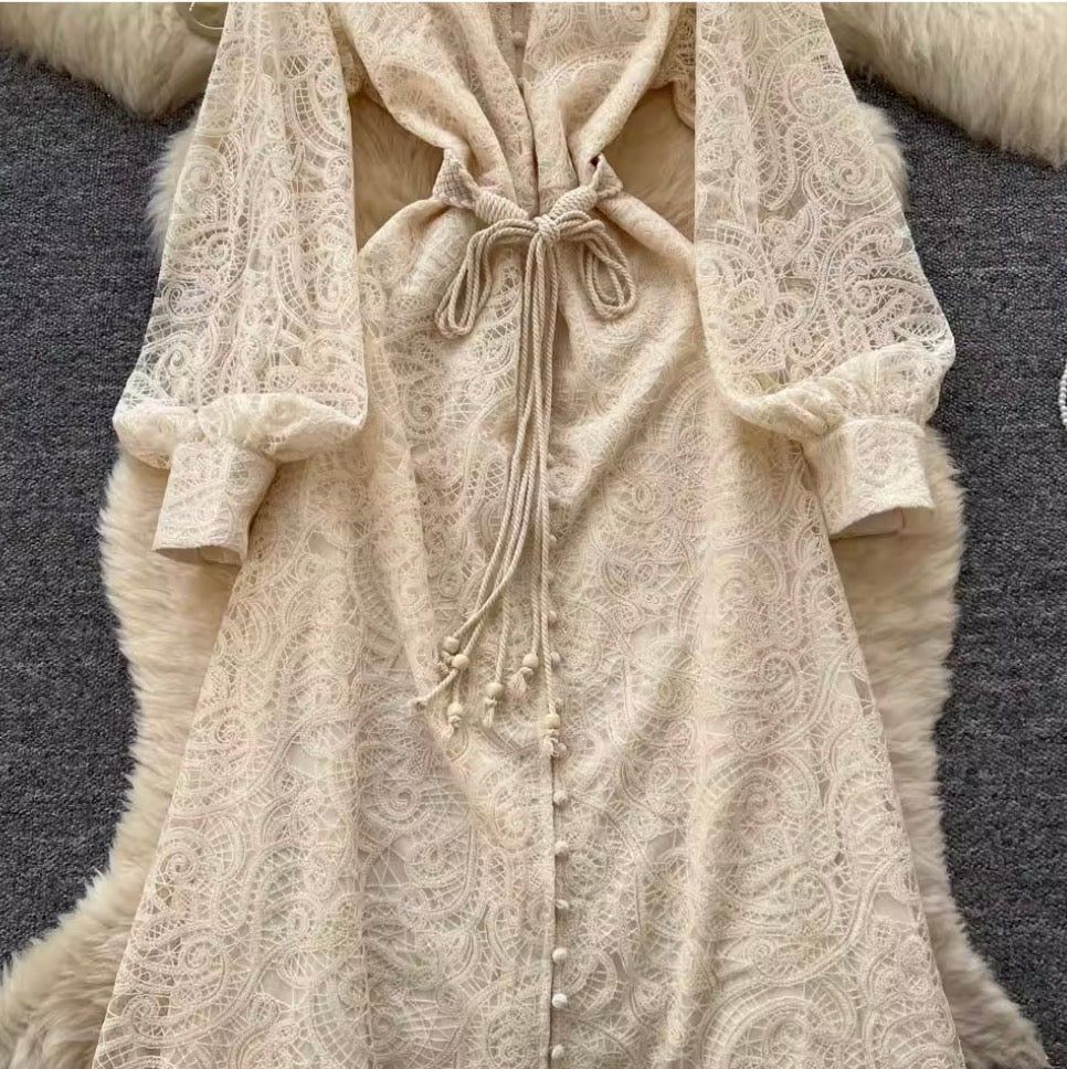 Courtly Apricot Hollowed Embroidery Dress
