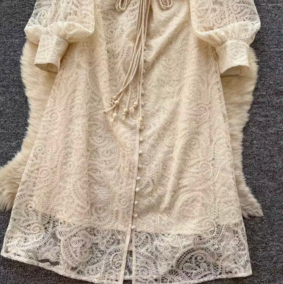 Courtly Apricot Hollowed Embroidery Dress
