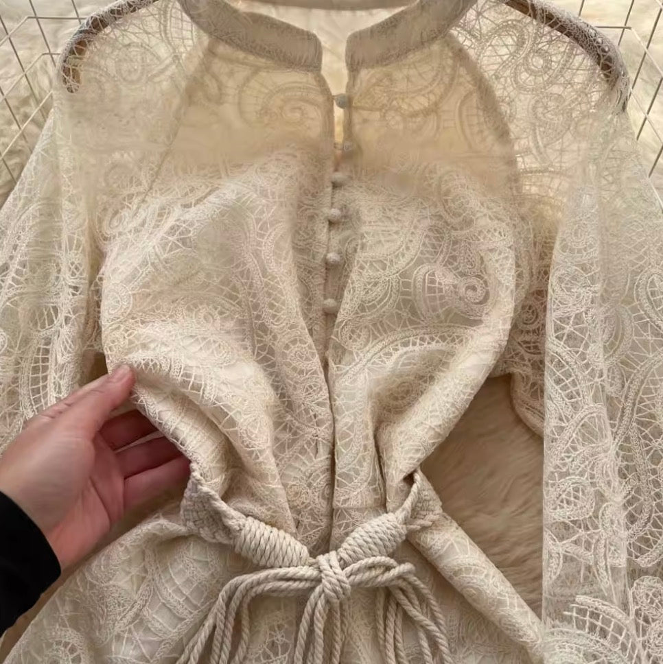 Courtly Apricot Hollowed Embroidery Dress