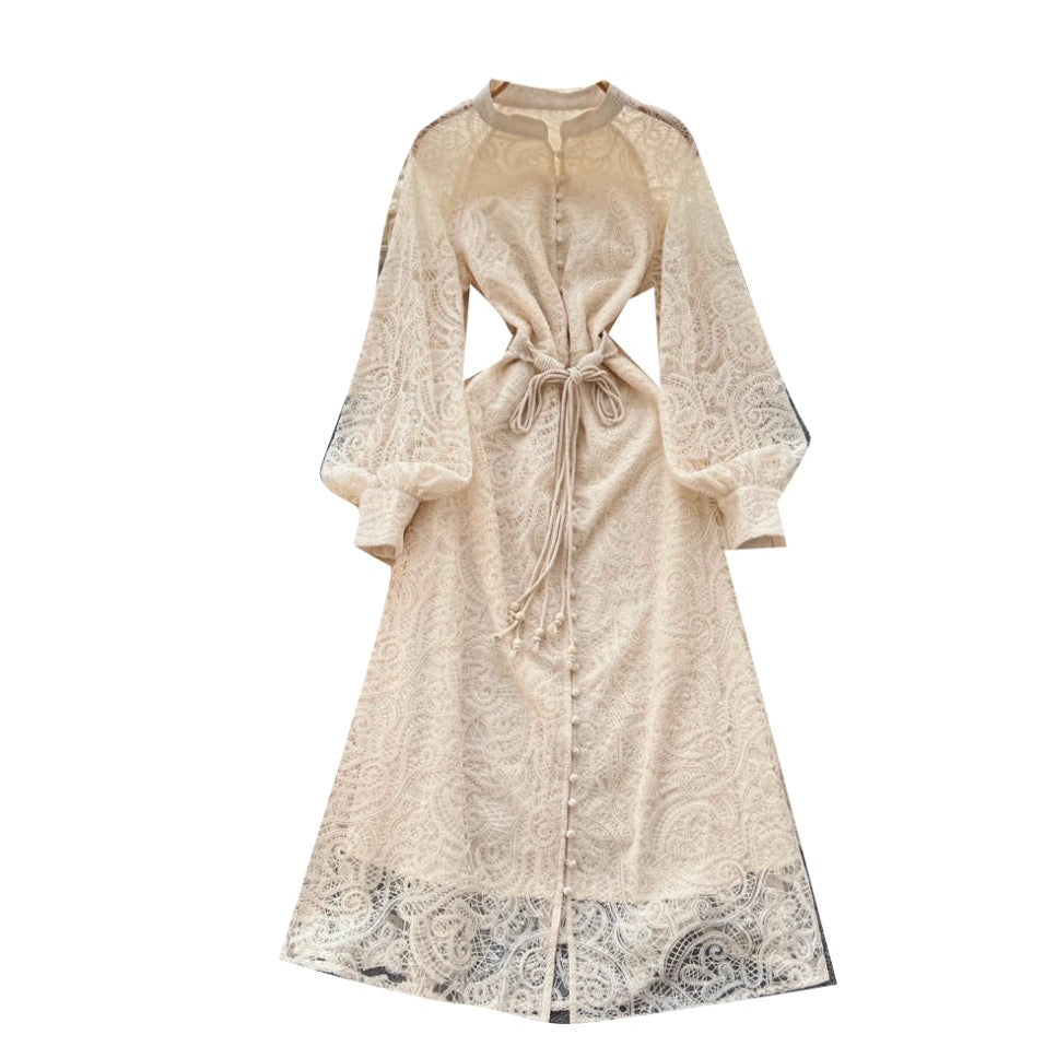 Courtly Apricot Hollowed Embroidery Dress