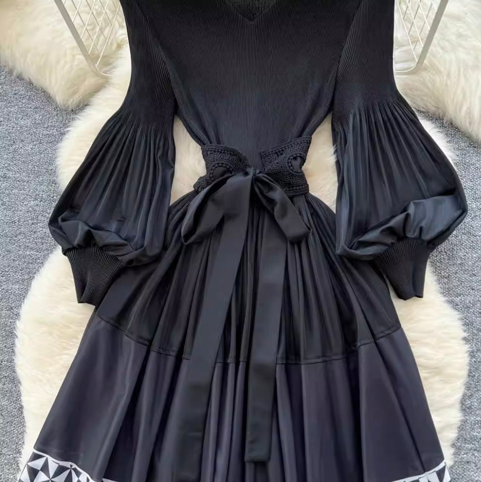 Premium Lace-up Color-blocking Dress
