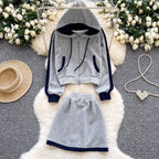 Color-blocking Hoodie & Skirt 2Pcs