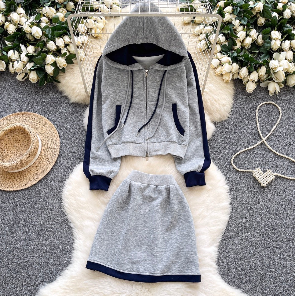 Color-blocking Hoodie & Skirt 2Pcs