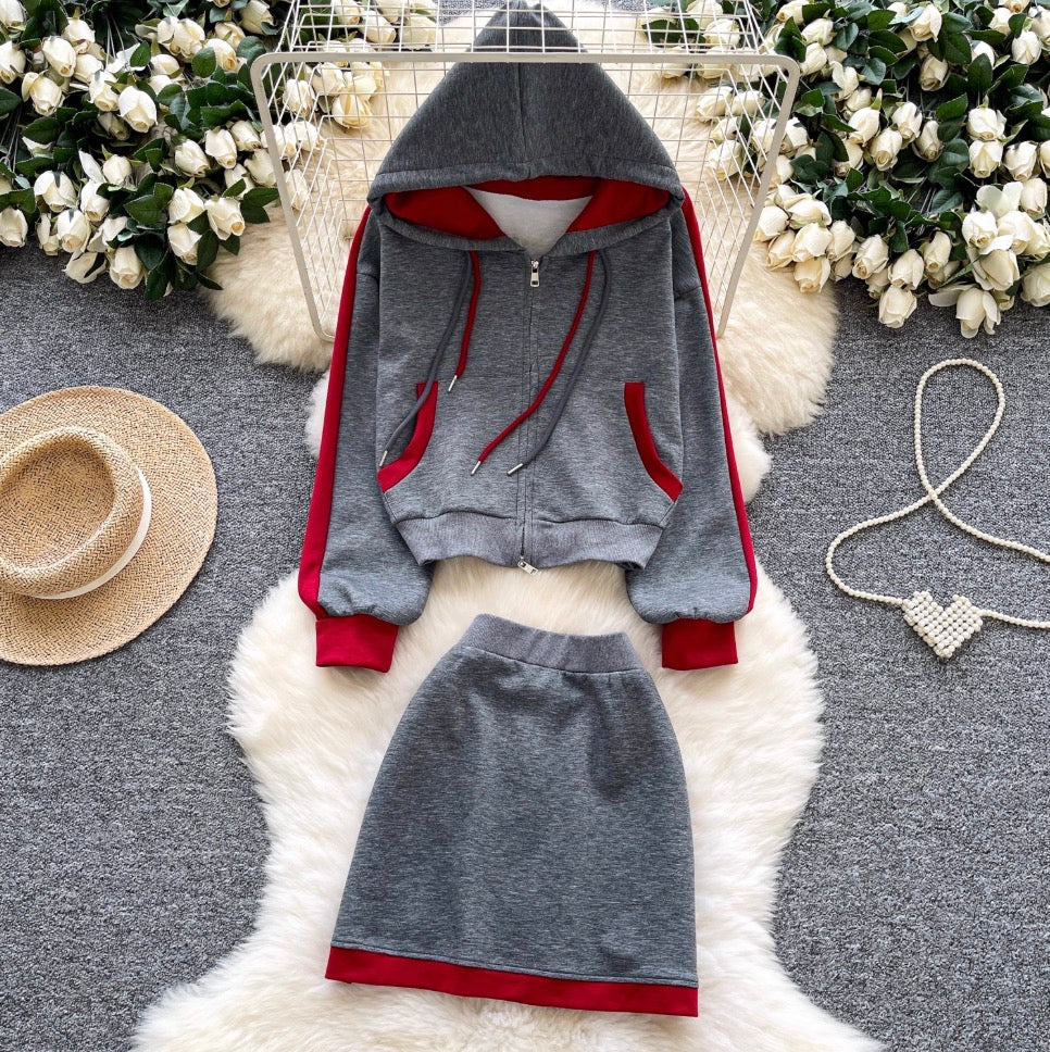 Color-blocking Hoodie & Skirt 2Pcs