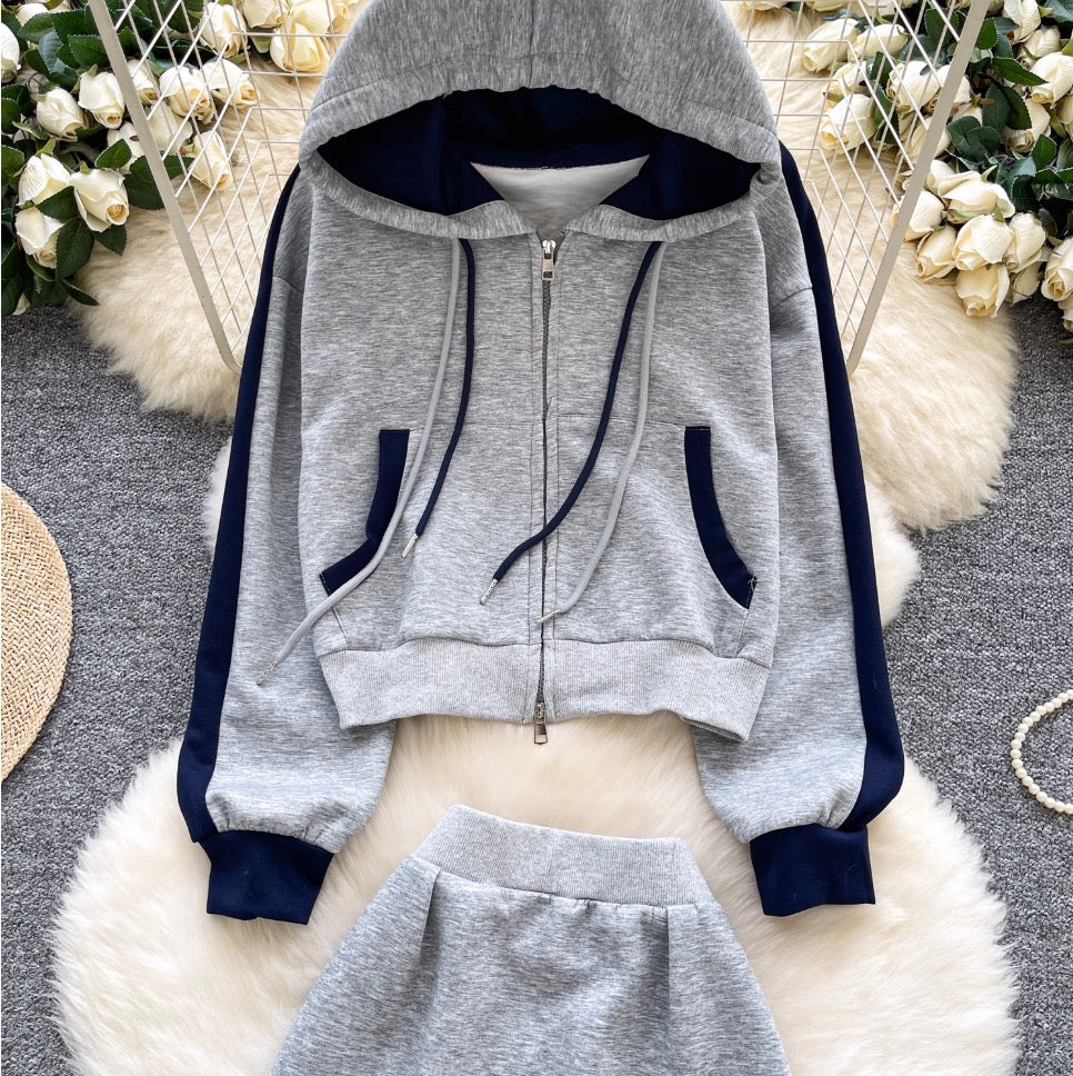 Color-blocking Hoodie & Skirt 2Pcs