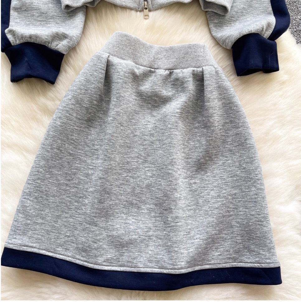 Color-blocking Hoodie & Skirt 2Pcs