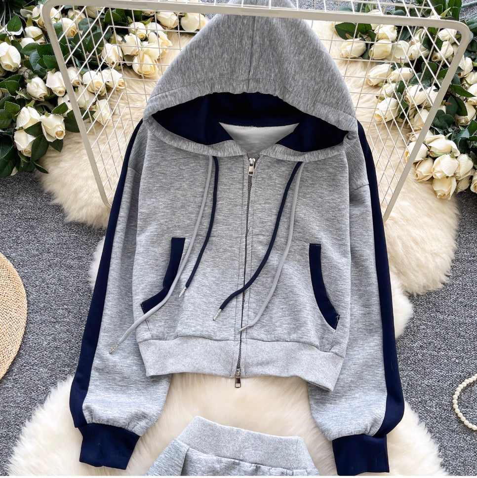 Color-blocking Hoodie & Skirt 2Pcs