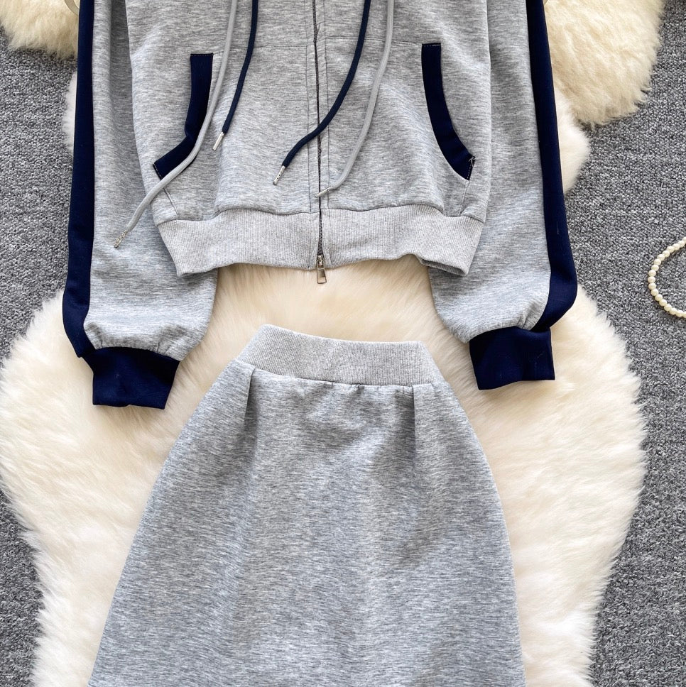 Color-blocking Hoodie & Skirt 2Pcs