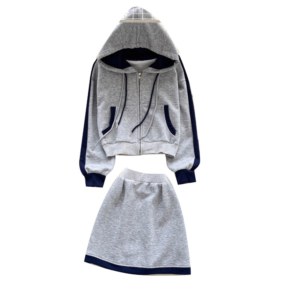 Color-blocking Hoodie & Skirt 2Pcs