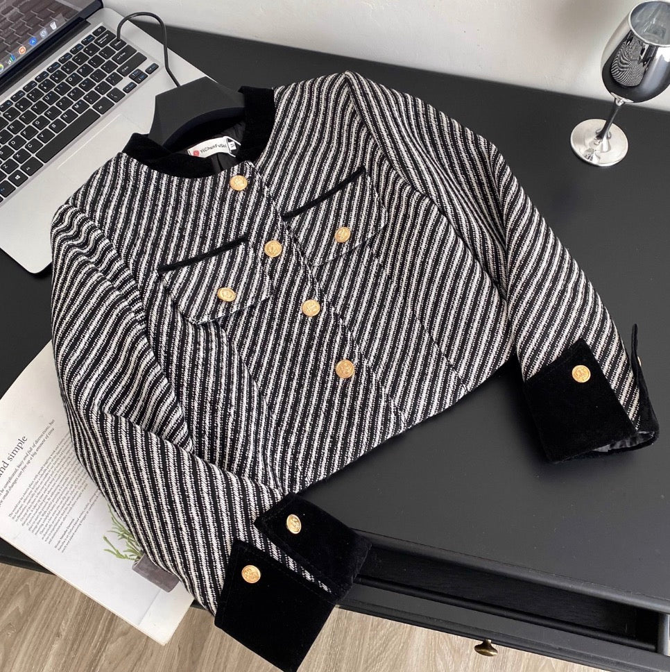 Color-blocking Striped Tweed Cardigan