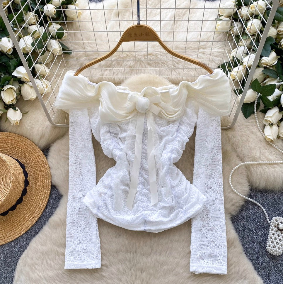 Off-shoulder Pleated Lace Top