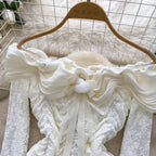 Off-shoulder Pleated Lace Top