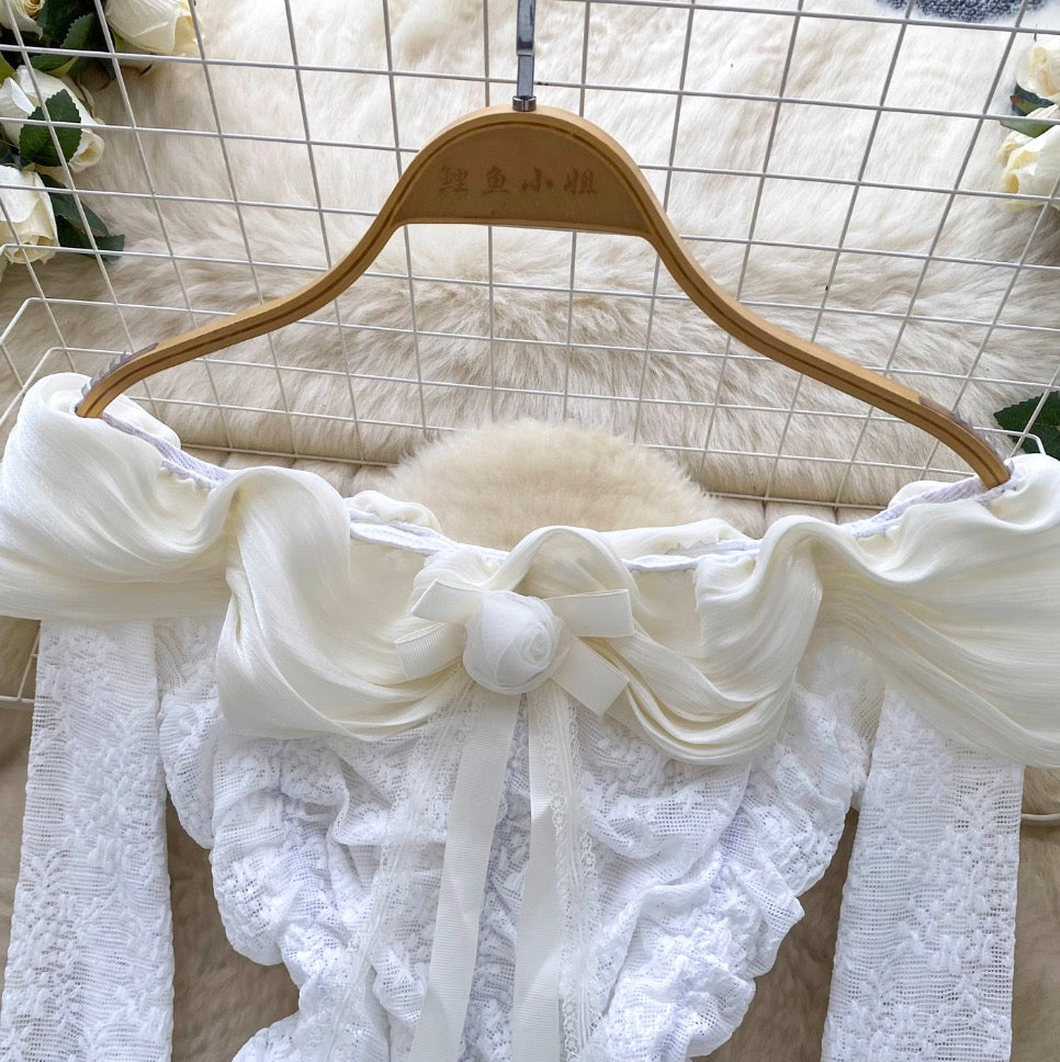 Off-shoulder Pleated Lace Top