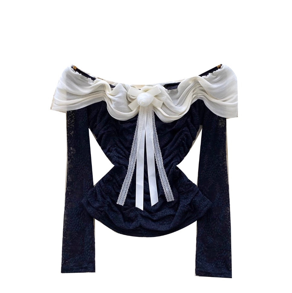 Off-shoulder Pleated Lace Top