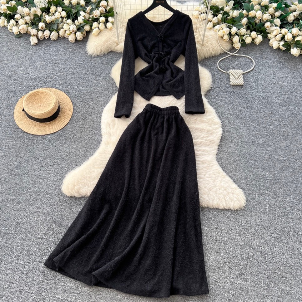 V-neck Cardigan & Half-body Skirt 2Pcs