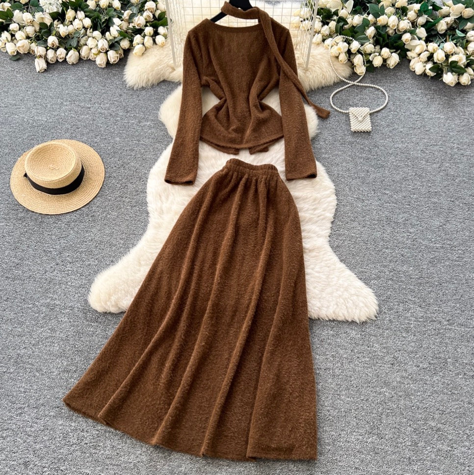 V-neck Cardigan & Half-body Skirt 2Pcs