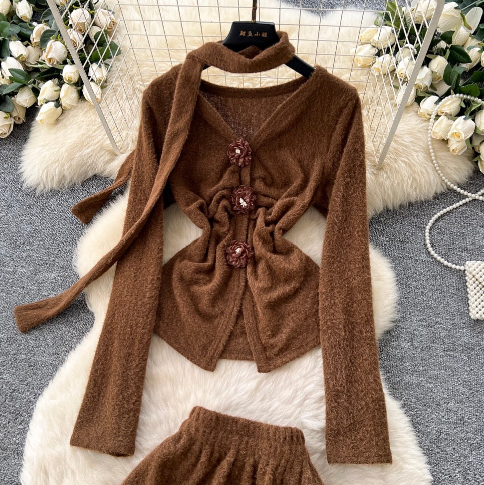 V-neck Cardigan & Half-body Skirt 2Pcs