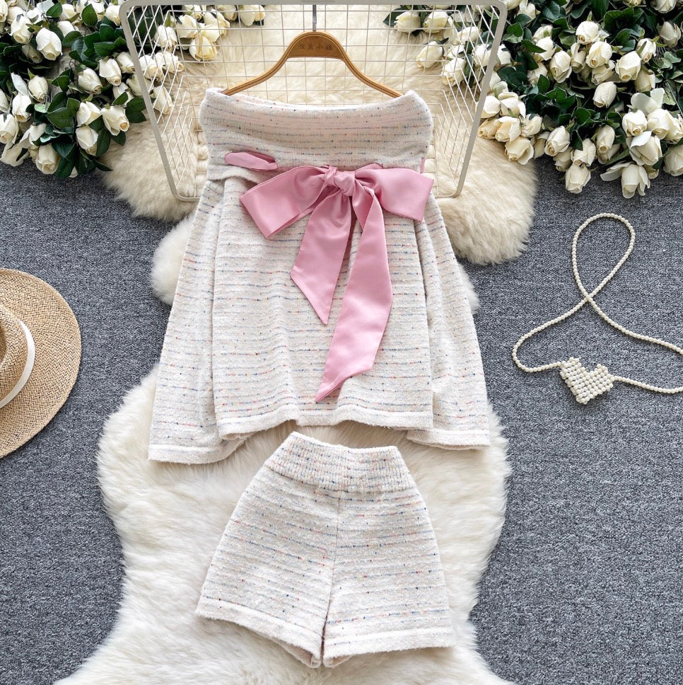 Bow-tie Sweater & Shorts Knitted 2Pcs
