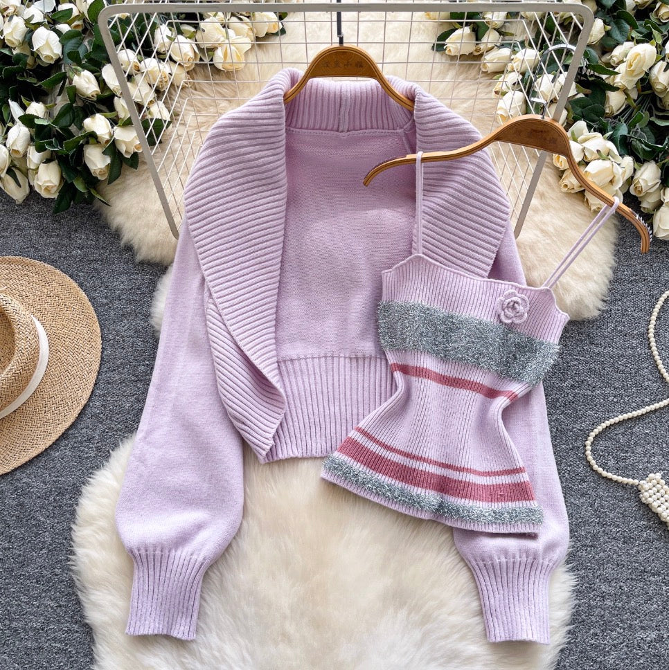 Lapeled Cardigan & Striped Camisole 2Pcs