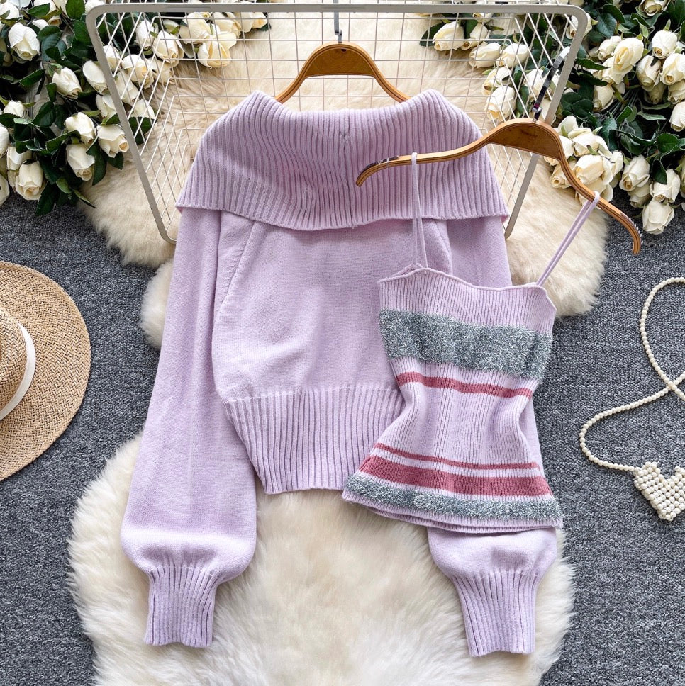 Lapeled Cardigan & Striped Camisole 2Pcs