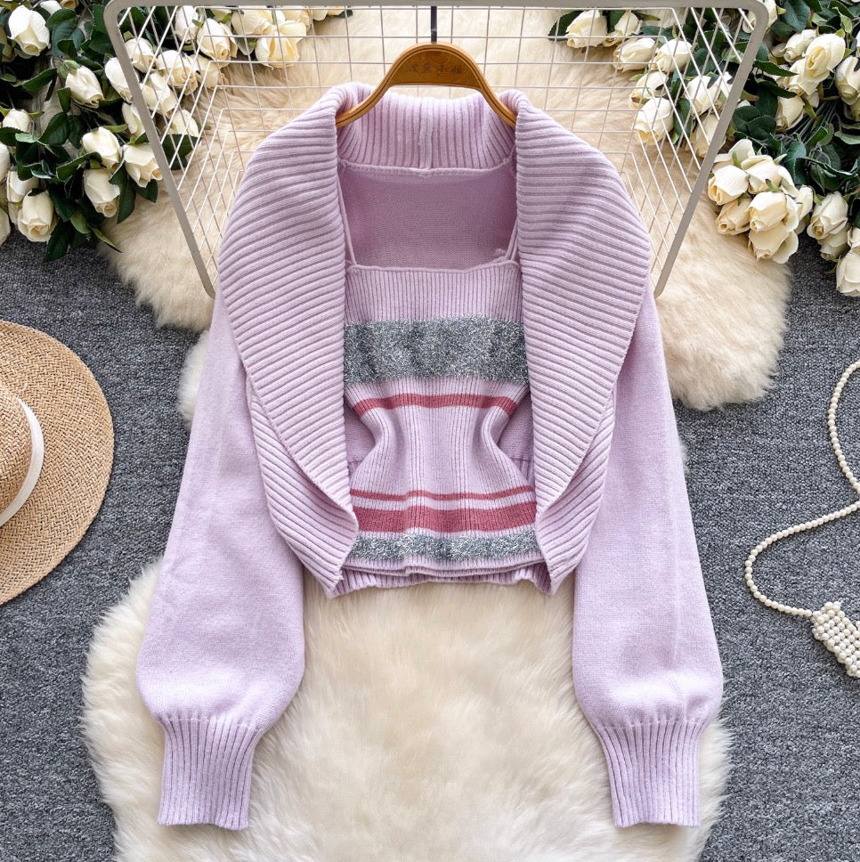 Lapeled Cardigan & Striped Camisole 2Pcs