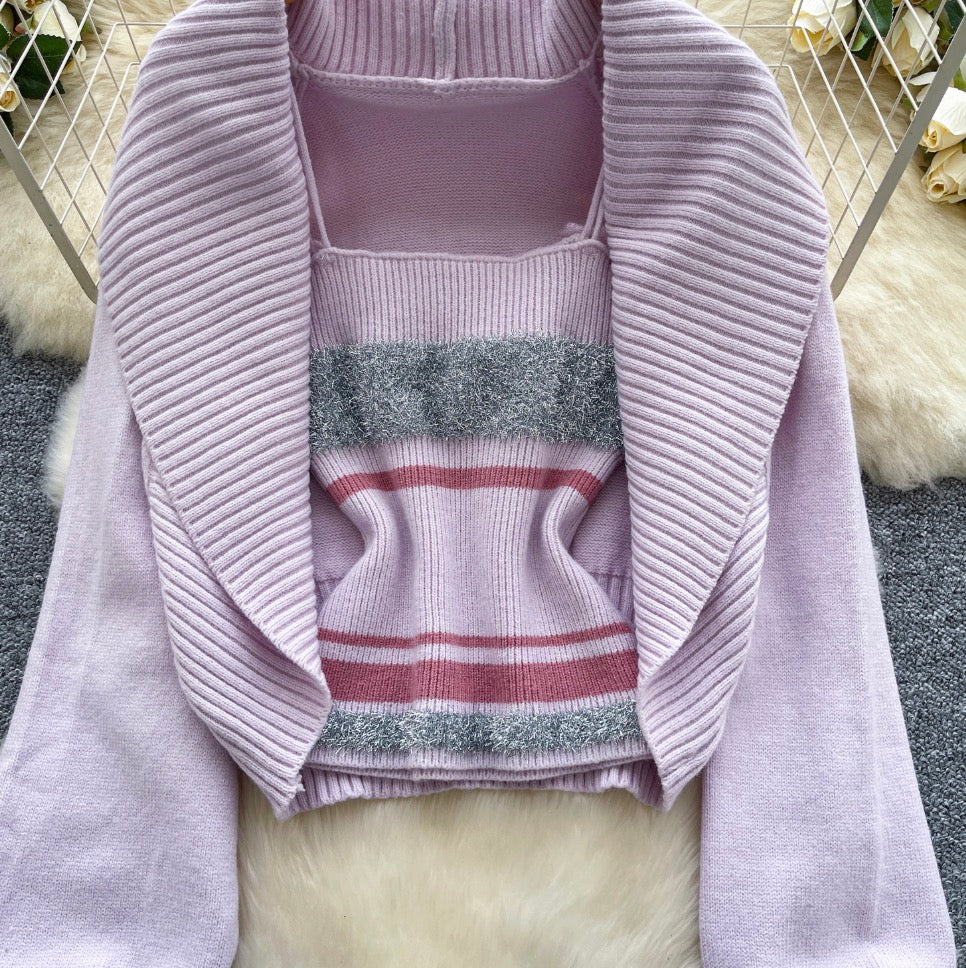 Lapeled Cardigan & Striped Camisole 2Pcs