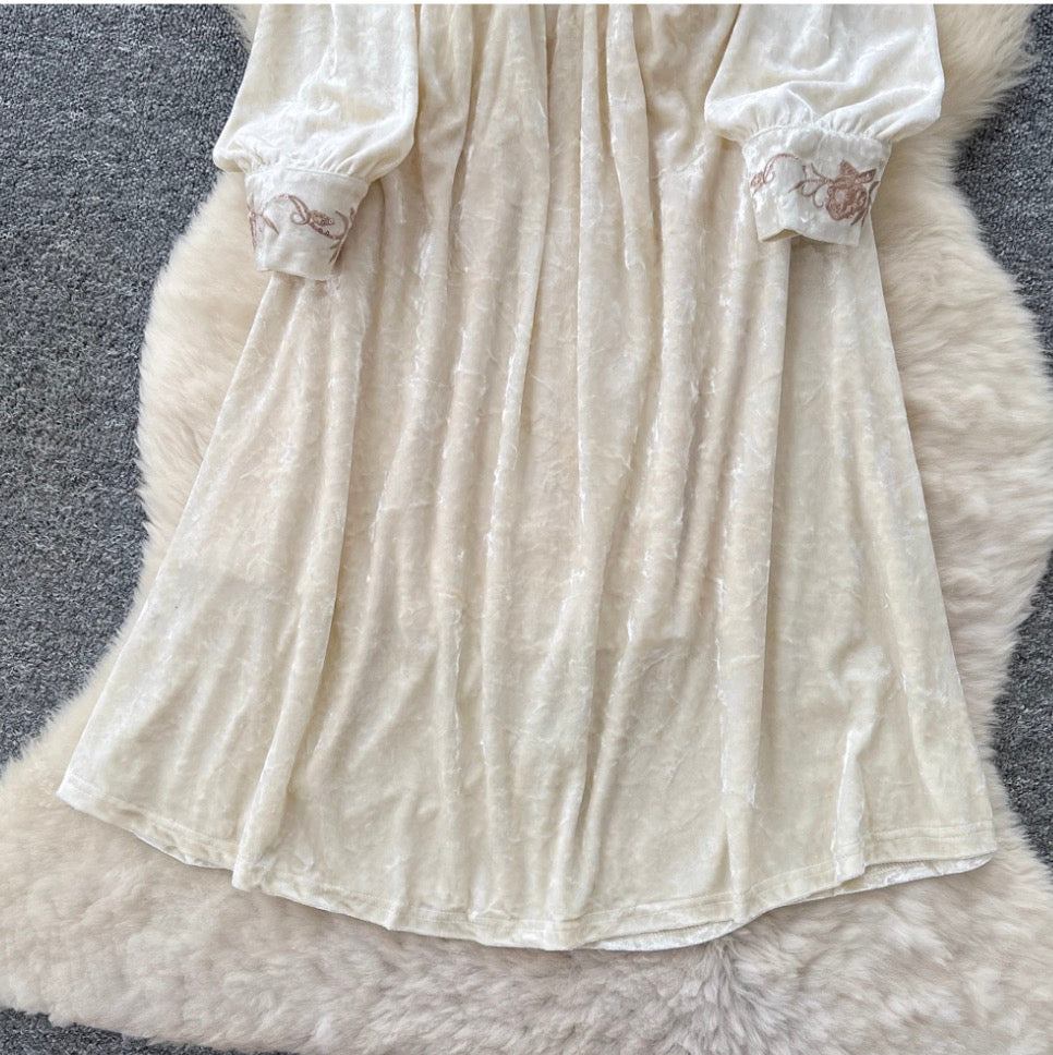 Vintage Embroidery Apricot Velvet Dress