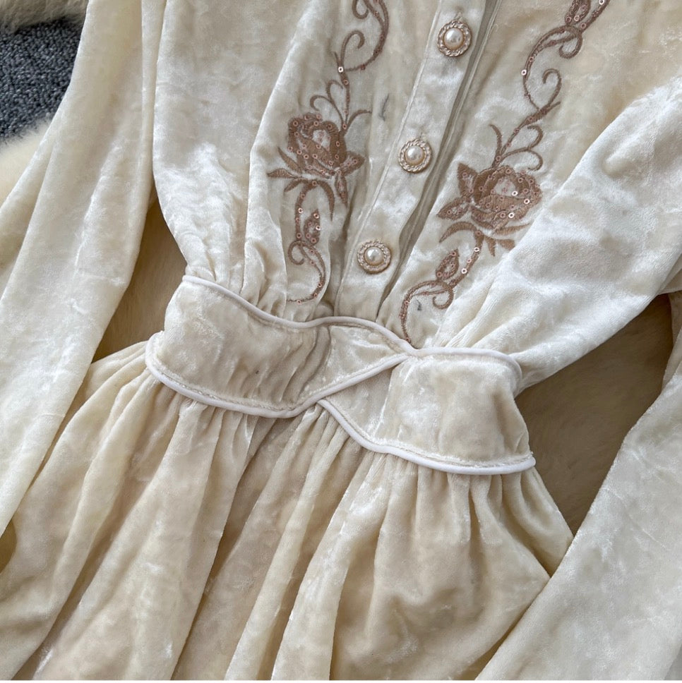 Vintage Embroidery Apricot Velvet Dress