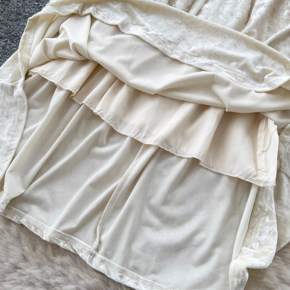 Vintage Embroidery Apricot Velvet Dress