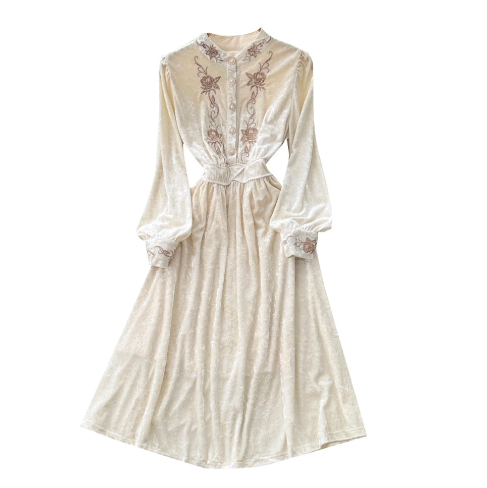 Vintage Embroidery Apricot Velvet Dress