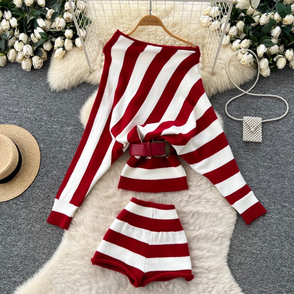 Slant-neckline Knitwear & Shorts Striped 2Pcs