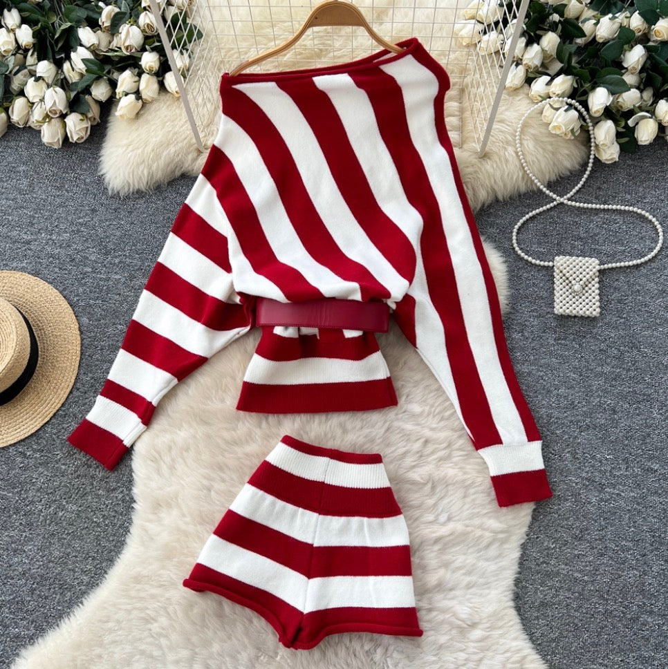 Slant-neckline Knitwear & Shorts Striped 2Pcs
