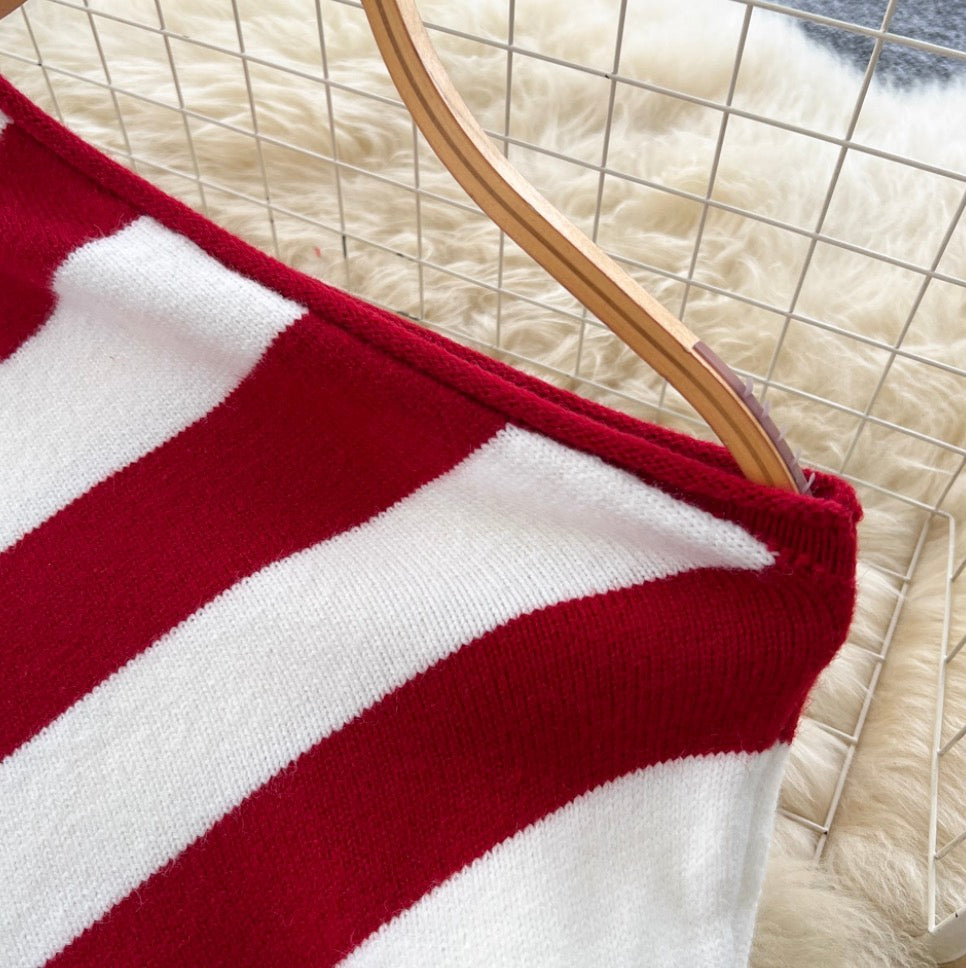 Slant-neckline Knitwear & Shorts Striped 2Pcs