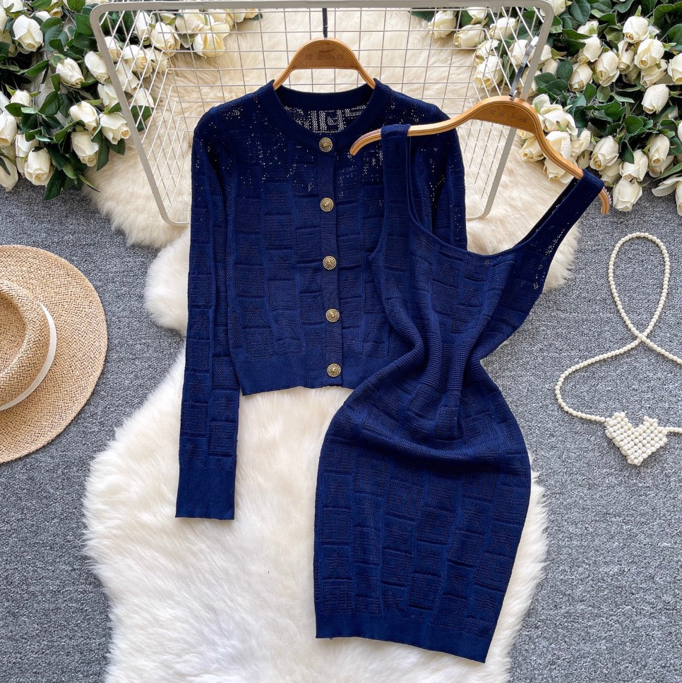 Crochet Vest Dress & Cardigan 2Pcs